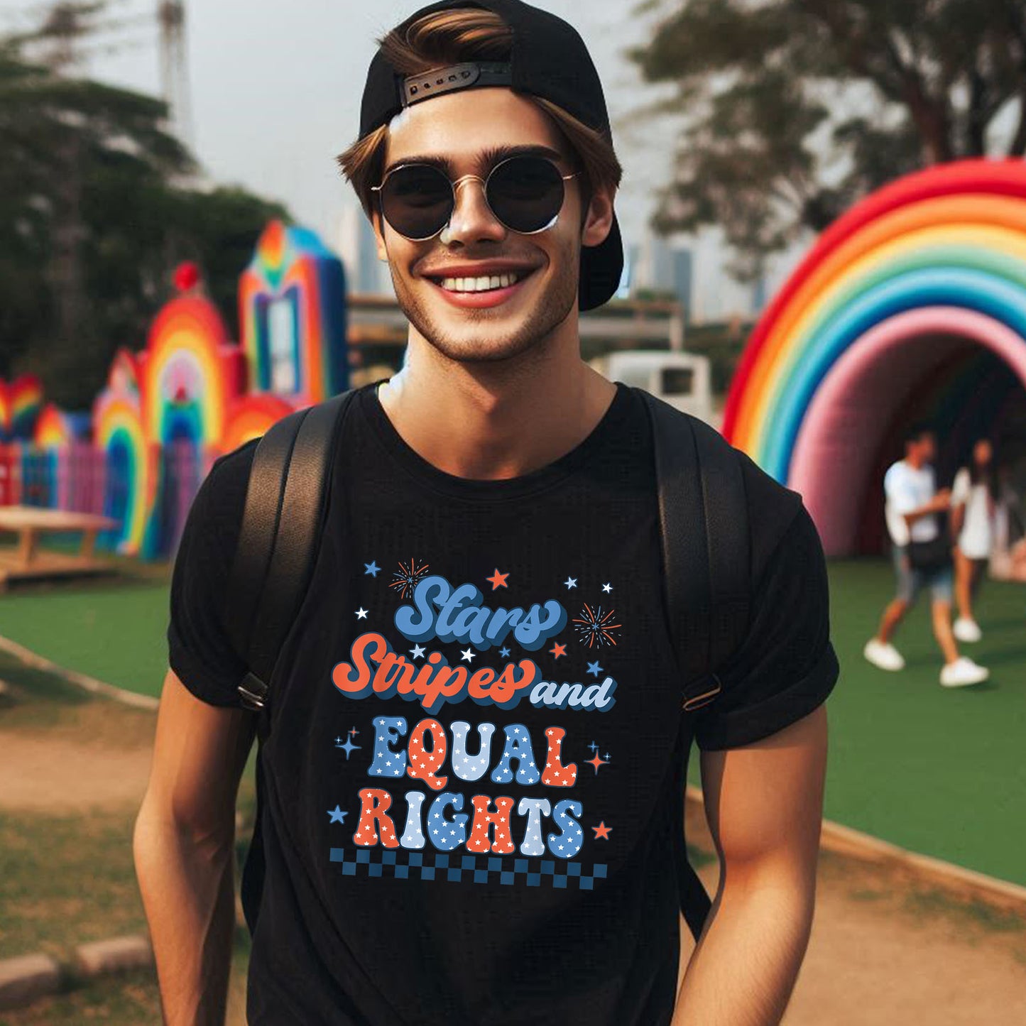 STARS AND STRIPES WITH CHECKERS RETRO T-SHIRT 3008