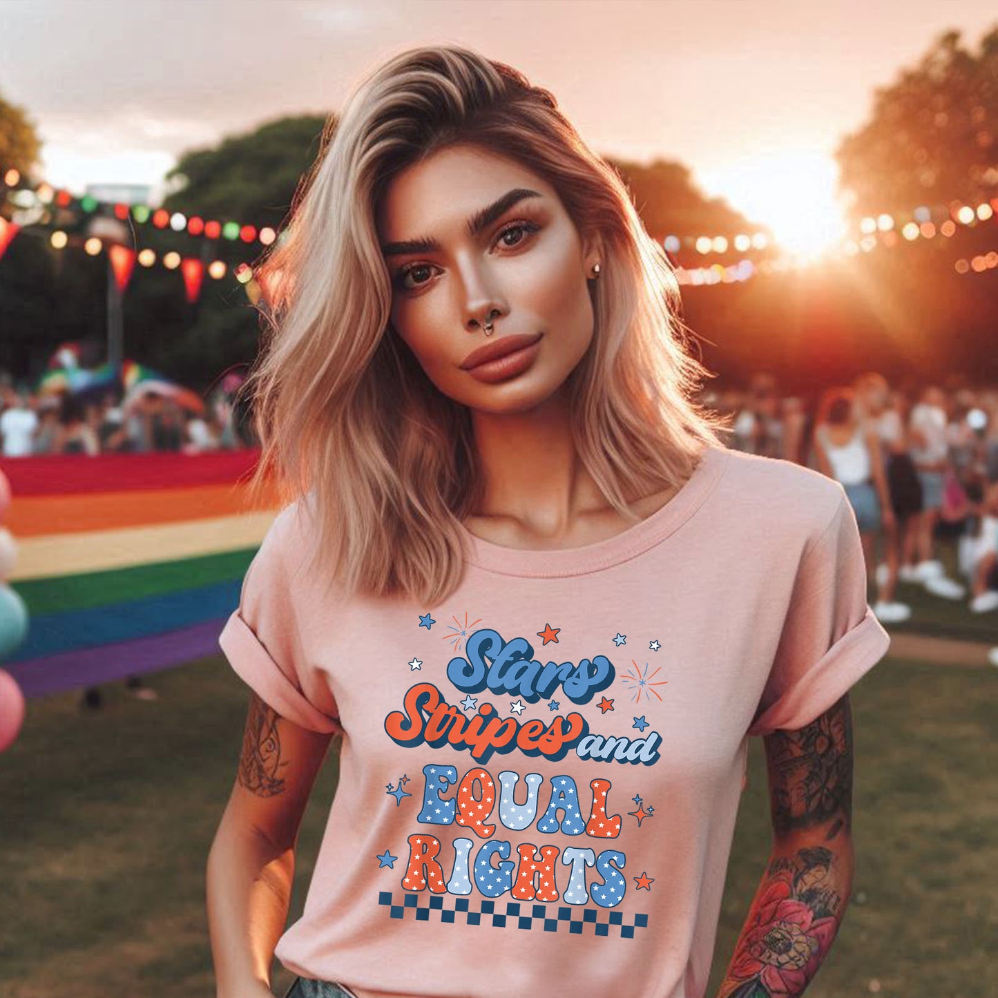 STARS AND STRIPES WITH CHECKERS RETRO T-SHIRT 3008